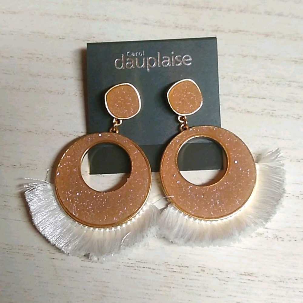 😻 3 For $15 Tan Glitter White Fringed Hoops